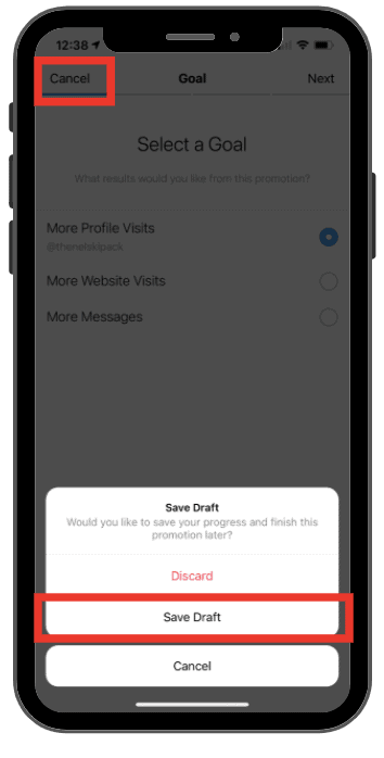 Instagram promotion Save Draft screen